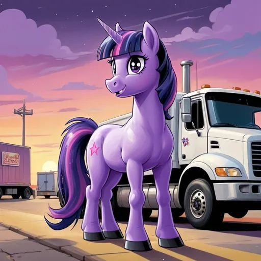 Prompt: masterpiece, my little pony, cartoon painting, purple unicorn twilight sparkle((standing at a truck stop)), 