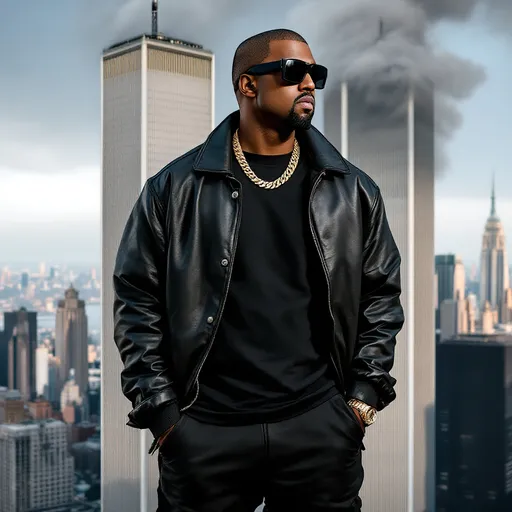 Prompt: kanye west on top of the twin towers

