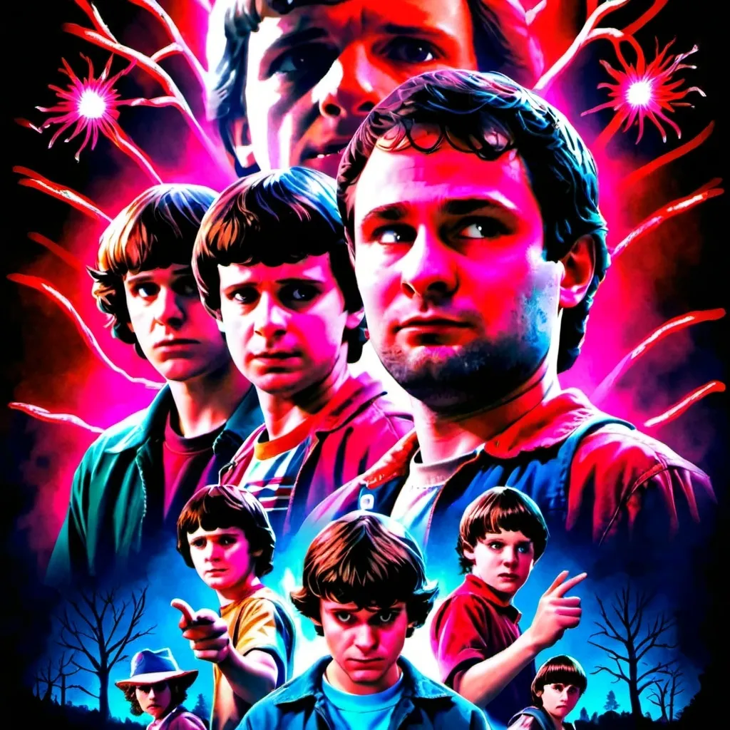 Prompt: I want you to face swap all faces on the stranger things film poster
