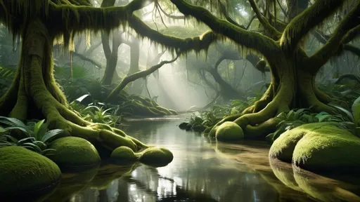 Prompt: Photorealistic mystical swamp, enveloped in heavy, lush moss, intriguing and secretive ambiance, dappled with ethereal light filtering through an ancient canopy. Soft, muted greens and deep shadows create an enchanting atmosphere, revealing hidden magical elements in the depths of the landscape, ultra-detailed foliage, and serene waters reflecting the mystical surroundings. 