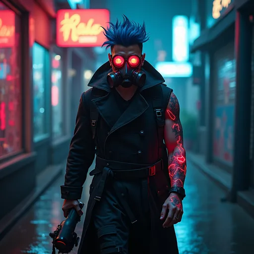 Prompt: A cyberpunk character walking alone in a neon-lit rainy alley at night, androgynous male hacker with glowing red cybernetic eyes, asymmetrical blue-dyed hair, black trench coat with carbon fiber texture, high-tech cybernetic right arm with glowing circuits, digital tattoos subtly moving under pale skin, wearing a gas mask and LED glasses, holding a hacking device, tactical backpack, accompanied by a small floating drone, cinematic lighting, moody atmosphere, fog and rain, high contrast neon reflections, Blade Runner inspired