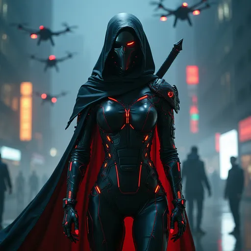 Prompt: Cyberpunk female assassin in a futuristic city at night, tall and imposing with a sleek armored bodysuit in black and crimson, glowing red energy lines across her suit, chrome mask with a single red light slit for eyes, cloaked in reactive stealth fabric, cybernetic implants visible under metallic skin, holding a folded energy katana on her back, surrounded by silent surveillance drones, foggy neon-lit background, cinematic lighting, moody, high-tech and mysterious atmosphere, inspired by Ghost in the Shell and Akira
























































