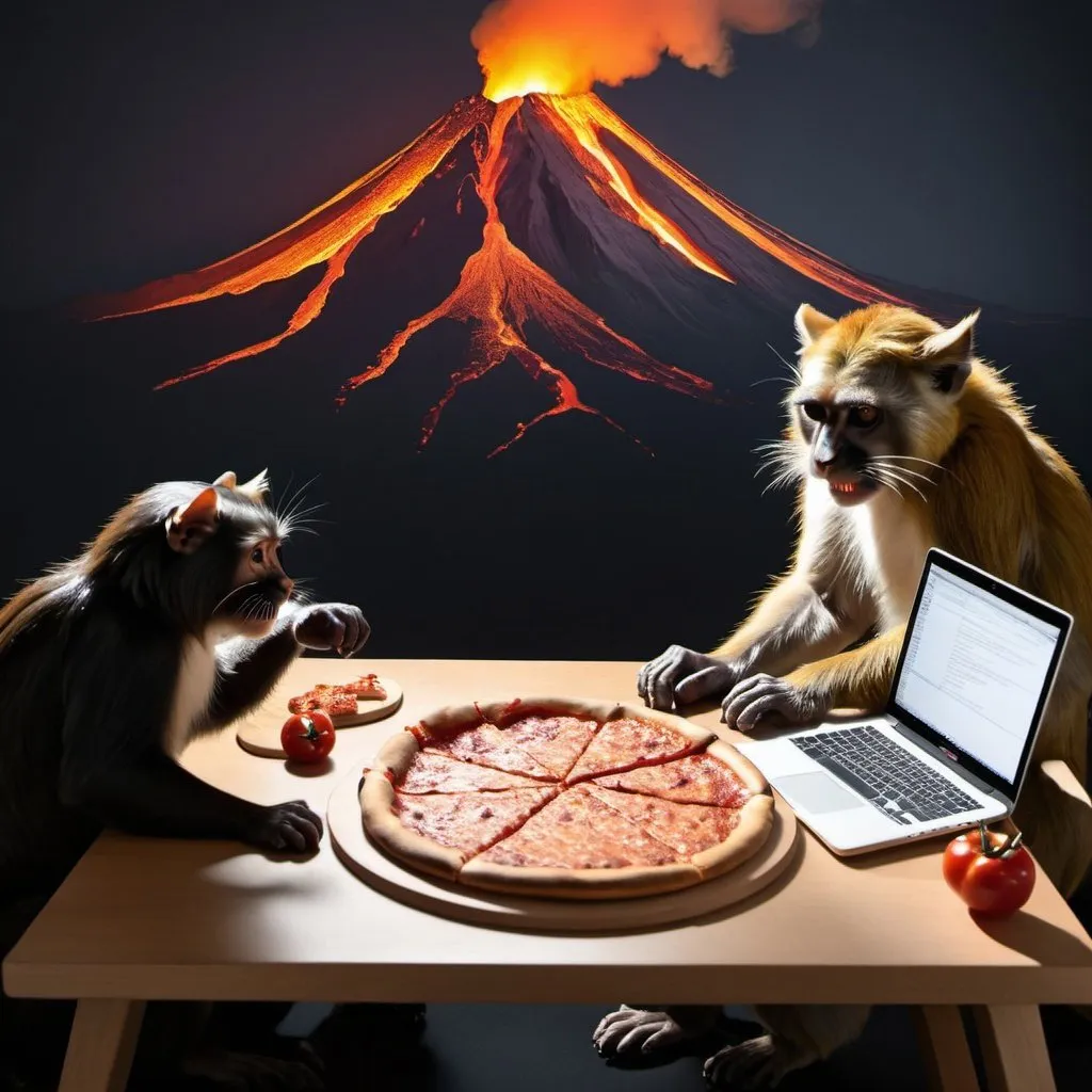 Prompt: computer desk volcano shadow cat with monkeys eating a pizza