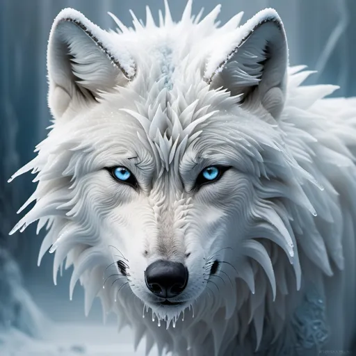 Prompt: "A wolf head with crystalline, icy fur and frosty breath. The fur is textured like ice shards, and the eyes are pale blue, almost translucent. Icy mist surrounds the face, adding a mystical, wintery vibe.