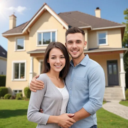 Prompt: photo realistic beautiful young couple who are husband and wife and very happy about buying their first home. The home is beautiful and is in the background behind them.