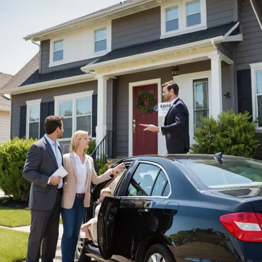 Prompt: A man and woman and their woman realtor are getting out of a nice car parked in front of a medium sized home. They are coming to see the home which has a for sale sign in the yard.