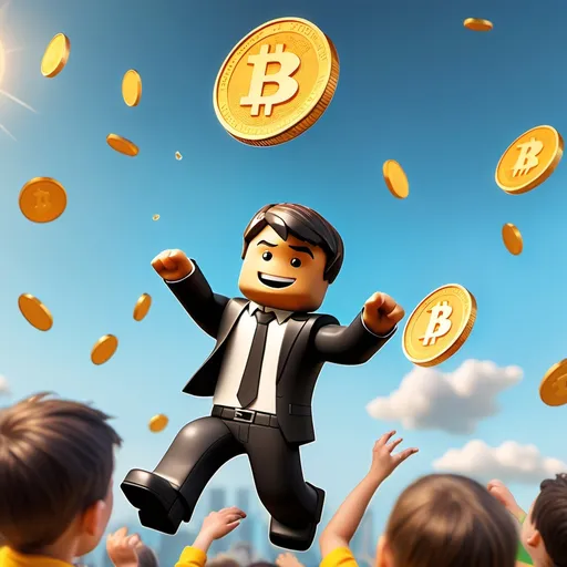 Prompt: A FLYIING ROBLOX MAN IN THE AIR WITH BIT COIN BEHIND HIM IN THE AIR WITH LITTLE KIDS
