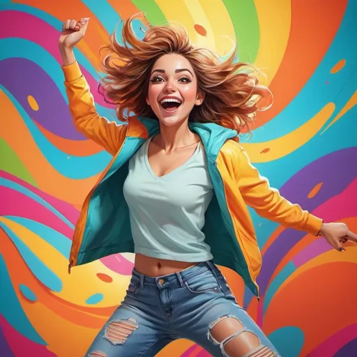 Prompt: Cartoon woman, (bold features), (vibrant airbrushed highlights), exaggerated expressions, dynamic pose, whimsical background with playful elements, colorful palette, cheerful atmosphere filled with joy, sharp outlines, (high quality), (ultra-detailed), casual clothing, lively scene bursting with energy and excitement.