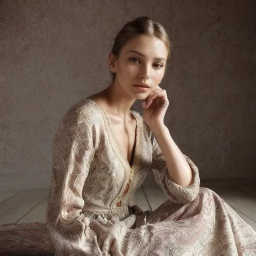 Prompt: (beautiful woman), sitting gracefully on the floor, (elegant outfit), soft natural lighting, (expressive pose), serene ambiance, vibrant colors, intricate patterns on clothing, high-quality portrait, captivating background, focus on details and textures, emotionally inviting atmosphere, showcasing fashion elegance, stylish accessories, (ultra-detailed) and captivating composition.