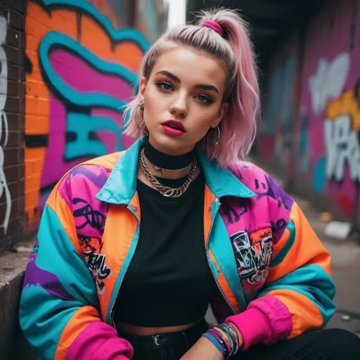 Prompt: (90s style girl), vibrant colors, retro fashion, bold patterns, oversized jackets, choker necklaces, knee-high socks, stylish accessories, playful attitude, nostalgic vibe, urban background with graffiti, bright neon lights, striking expression, charisma, fun atmosphere, high detail, ultra-detailed, 4K resolution.