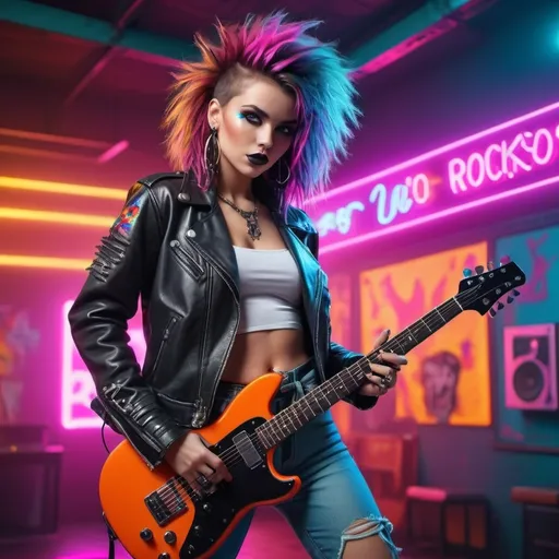 Prompt: (rocker 80s girl), vibrant neon colors, dynamic pose, dramatic fashion, edgy leather jacket, bright accessories, wild hairstyle, electric guitar, energetic atmosphere, retro vibes, retro patterns in the background, bold makeup, rebellious spirit, high quality, ultra-detailed, 4K resolution.