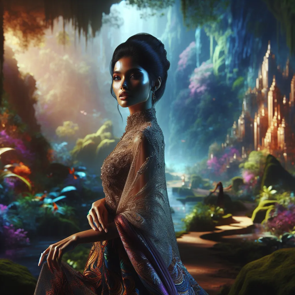 Prompt: (strikingly beautiful woman), full body pose, captivating expression, elegant attire, graceful stance, confident demeanor, vivid colors, soft lighting, high contrast shadows, immersive background, lush setting, ultra-detailed, 4K resolution, enchanting ambiance, alluring and mesmerizing, empowering atmosphere, artful composition, portrait photography.