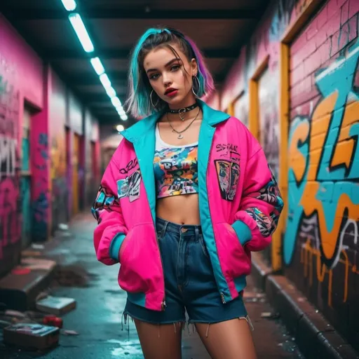 Prompt: (90s style girl), vibrant colors, retro fashion, bold patterns, oversized jackets, choker necklaces, knee-high socks, stylish accessories, playful attitude, nostalgic vibe, urban background with graffiti, bright neon lights, striking expression, charisma, fun atmosphere, high detail, ultra-detailed, 4K resolution.