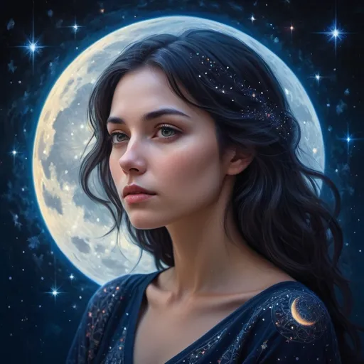 Prompt: (serious woman), surrounded by a cosmic backdrop, (shimmering stars), a (glowing moon), deep navy blue sky, (ethereal glow), soft light highlighting her features, contemplative expression, mysterious ambiance, (highly detailed), vivid colors, intricate star patterns, tranquil atmosphere, enchanting night scene, (ultra-detailed), captivating composition.