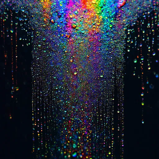 Prompt: (Colorful Tears), vibrant colors, deep emotional expression, abstract representation, cascading droplets of shimmering hues, blending and mingling beautifully, high contrast against a dark background, creating a dramatic and poignant atmosphere, celebrating human emotion, ultra-detailed, surreal ambiance, evoking a sense of wonder and introspection, high-quality, visually captivating.