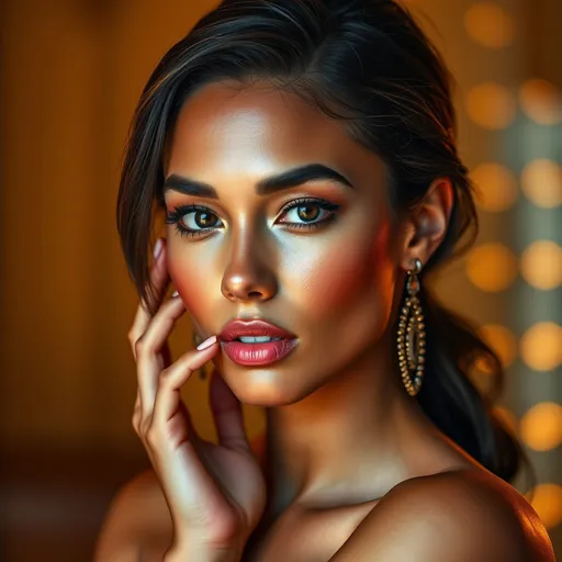 Prompt: (airbrush bronze skin), stunning model, elegant pose, flawless facial features, radiant glow, soft lighting, glamorous atmosphere, high-fashion aesthetic, rich warm tones, accentuated curves, alluring expression, ultra-detailed rendering, vibrant background, 4K resolution, professional quality image, sophisticated style, high-energy vibe.