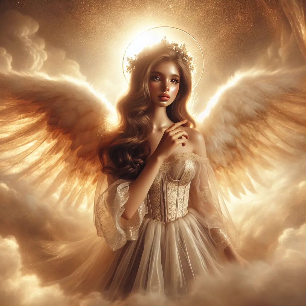 Prompt: (angel girl), ethereal and divine figure, delicate wings shimmering with a halo of light, serene expression, soft flowing gown, illuminated by warm golden light, surrounded by ethereal clouds, dreamlike ambiance, captivating and peaceful, highly detailed features, ultra-detailed, heavenly atmosphere, enchanting and magical setting.