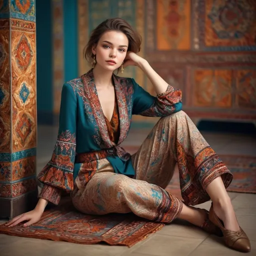 Prompt: (beautiful woman), sitting gracefully on the floor, (elegant outfit), soft natural lighting, (expressive pose), serene ambiance, vibrant colors, intricate patterns on clothing, high-quality portrait, captivating background, focus on details and textures, emotionally inviting atmosphere, showcasing fashion elegance, stylish accessories, (ultra-detailed) and captivating composition.