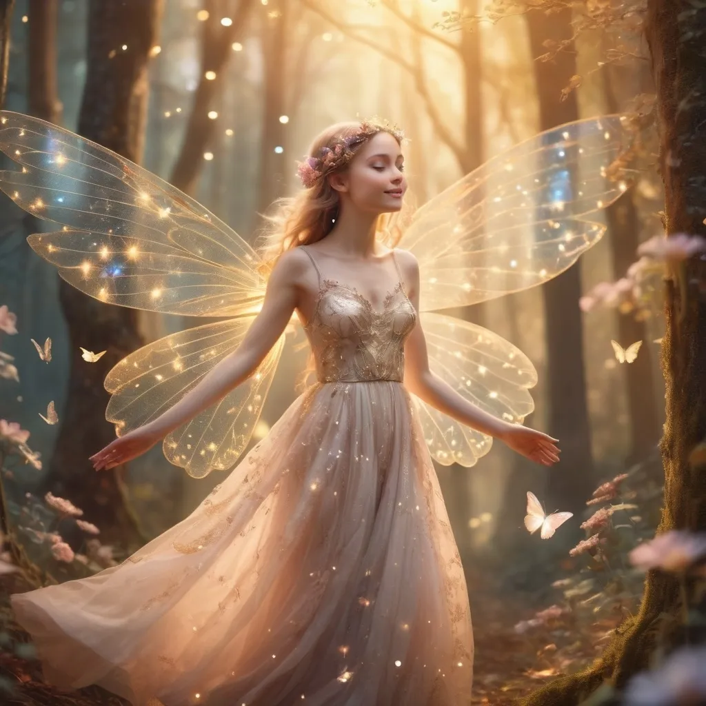 Prompt: (fairy girl), delicate wings, shimmering glow, whimsical atmosphere, enchanting forest backdrop, mystical flowers, soft pastel colors, warm golden light filtering through trees, ethereal charm, joyful expression, gentle pose, intricate details on wings, surrounded by floating sparkles, (ultra-detailed), (4K) quality, fairy tale vibes.