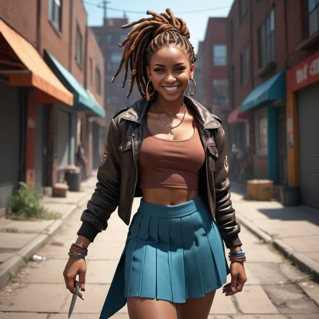 Prompt: L is a tough fighter She is 163cm, has locs, brown skinned , hoop ear rings and is a master of swords and knives. She has a lovely smile and Her fashion style is sneakers, skirt and jacket. 


