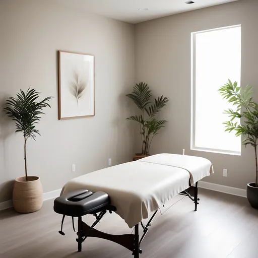 Prompt: Depict a massage therapist speaking in a clean, well-lit massage room. The setting is minimalist and serene, with neutral colors and a sense of calm. The therapist is gentle and professional, engaging with a client or explaining something. The overall atmosphere should feel pure, peaceful, and inviting, highlighting the clarity and comfort of the massage space.