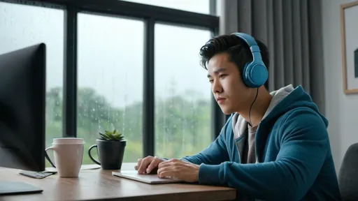 Prompt: asian guy with headphones on ear studying in room with computer, large window with rain outside, coffee on desk, dog near him