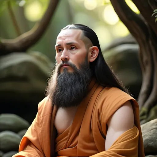 Prompt: Pale skinned monk in meditation, (thick black beard), (long black hair), serene expression, surrounded by soft light, calming atmosphere, tranquil background of nature, muted earthy tones, gentle shadows, (highly detailed), capturing peaceful energy, emphasizing spiritual connection, peaceful mindfulness setting, elegant simplicity, (4K quality). 