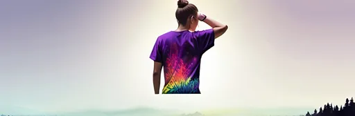 Prompt: Person in forest wearing purple party t-shirt, vibrant colors, detailed forest background, high quality, digital painting, colorful, vibrant, detailed foliage, playful atmosphere, natural lighting