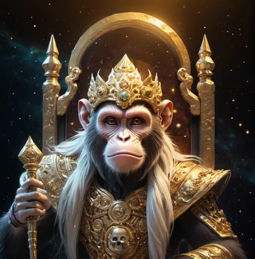 Prompt: Monkey king on a throne of gold and monkey skulls, watching Ethereum chart soaring into space, flowing into the cosmic abyss, high quality, detailed, regal, fantasy, golden tones, ethereal lighting, mystical atmosphere, space
