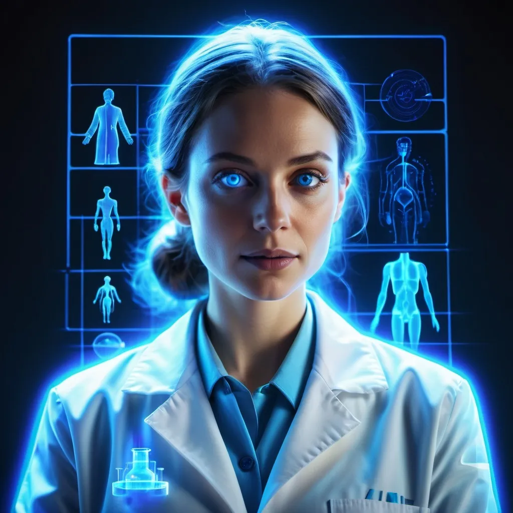 Prompt: blue Hologram of a woman in lab coat 