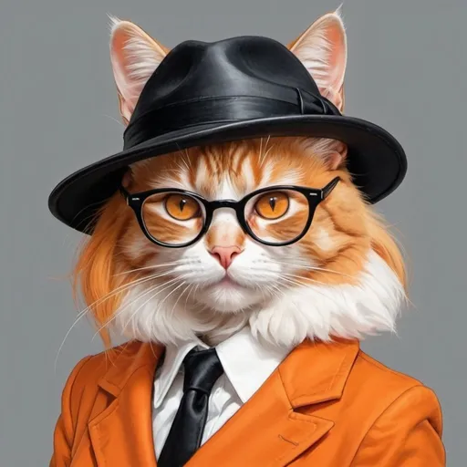 Prompt: disegna un gatto color arancione, vestito da mafioso con un sigaro e un cappello con la sua padrona, una ragazza bionda con i capelli lisci e gli occhiali

