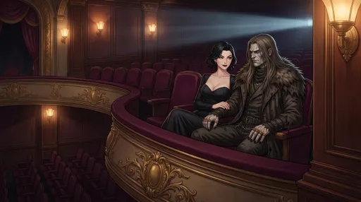 Prompt: @U50SsGyDehhQQwsVT8O1 and @sFXqb9h4jQuLIKClBO3v seated side by side in the intimate balcony section of an ornate 1920s movie theater, plush velvet seats in deep burgundy beneath them. Soft amber glow from art deco wall sconces illuminates their profiles, casting warm highlights across their features. The woman with striking red eyes glances toward her companion with a subtle smile, her hand resting gracefully on the armrest between them. Gilded baroque molding frames the balcony railing, while below, rows of empty seats fade into shadow. A faint beam of silver projection light cuts through the darkness from behind, creating a cinematic atmosphere. Rich mahogany woodwork and ornamental brass fixtures catch glimmers of ambient theater lighting, evoking the golden age of cinema with authentic period detail and intimate, nostalgic warmth.