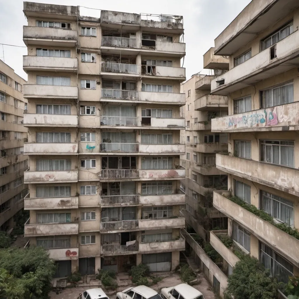 Prompt: 3-4 buildings in a residential neighborhood with a slightly neglected inner courtyard. which was built in the 60s of the 20th century in Madinz Israel in the city of Holon. Old and abandoned look. About 6 floors and broken windows. Add to that colored ribbons along the buildings. 2-3 billboards advertising a luxurious apartment and an ice cream cart in the garden
