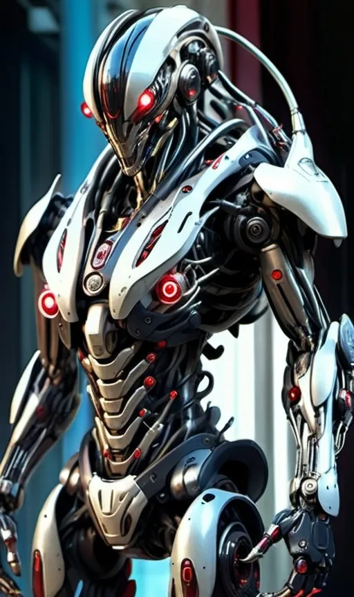 Prompt: a slim and lean biomechanical humanoid mecha with matte black armor with tiny red flairs with an pseudo-organic interior along with a massive railgun attached to its left arm and an oversized right arm with massive claws