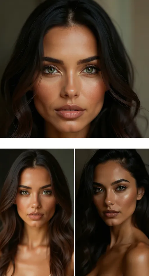 Prompt: woman with long dark hair and green eyes, tanned beautiful woman, photograph of beautiful woman, gorgeous face, stunning close-up headshot, perfectly lit face, extremely beautiful face, gorgeous attractive face, stunning face, dark brown hair and tanned skin, perfect face), portrait of a beautiful model, beautifully lit face