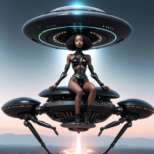 Prompt: black sentient goddess a.i robot riding on top of a ufo