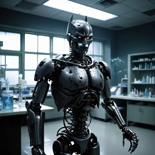 Prompt: dark knight a.i robot background destroyed medical lab 
