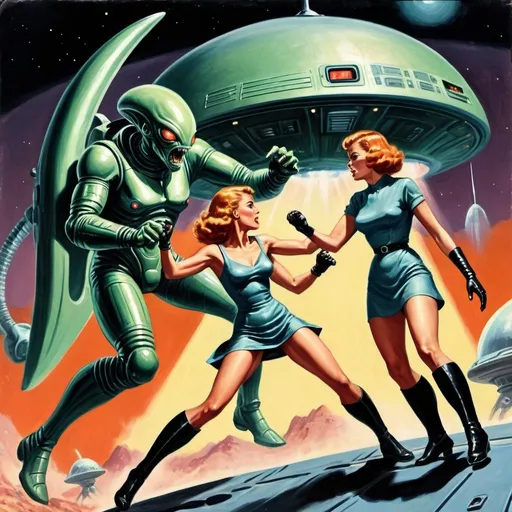 Prompt: man and woman fighting aliens on a spaceship, science-fiction, pulp style