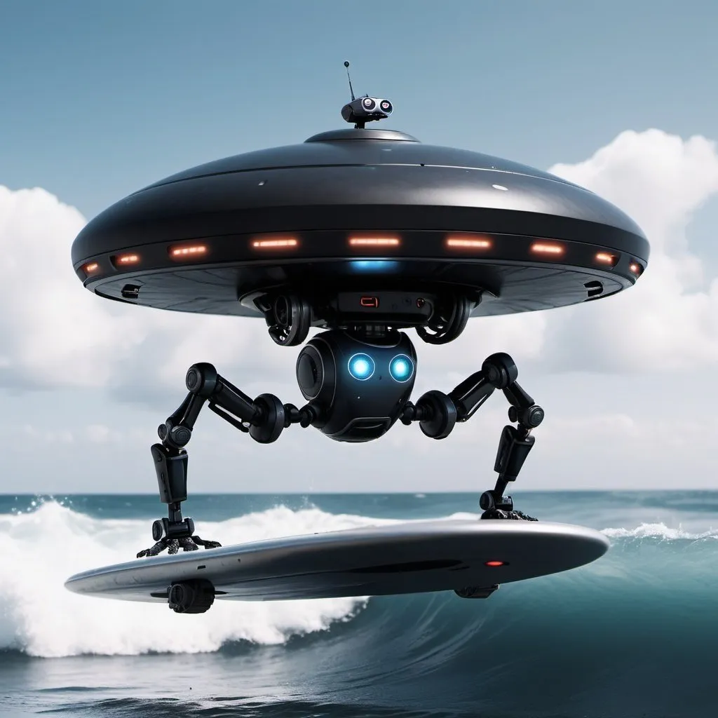 Prompt: black a.i robot surfing on a UFO