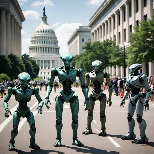 Prompt: war scene with aliens and robots in Washington dc
