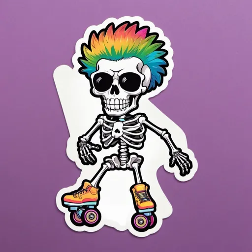 Prompt: a sticker of a disco skeleton. funky, mohawk, roller skates, weed, retro hippie