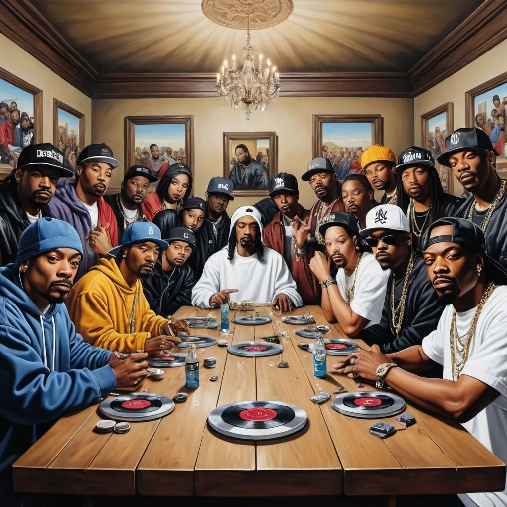 Prompt: Generate AI art reimagining 'The Last Supper' with a contemporary twist, replacing the disciples with iconic figures from the world of hip-hop, including Snoop Dogg, Dr. Dre, 50 Cent, Warren G, members of Wu-Tang Clan, and NWA. Incorporate details and symbols relevant to their personas and the hip-hop culture, such as microphones, turntables, chains, and graffiti elements. Maintain the composition and solemn atmosphere of the original painting while infusing it with the energy and spirit of hip-hop."