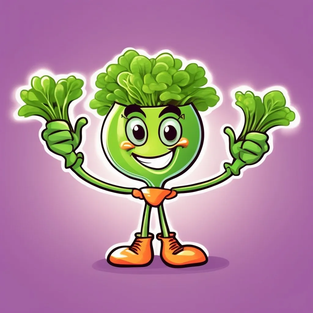 Prompt: a cartoon character for a microgreens company. retro disco funky sprout character

