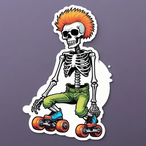 Prompt: a sticker of a disco skeleton. funky, mohawk, roller skates, weed, retro hippie