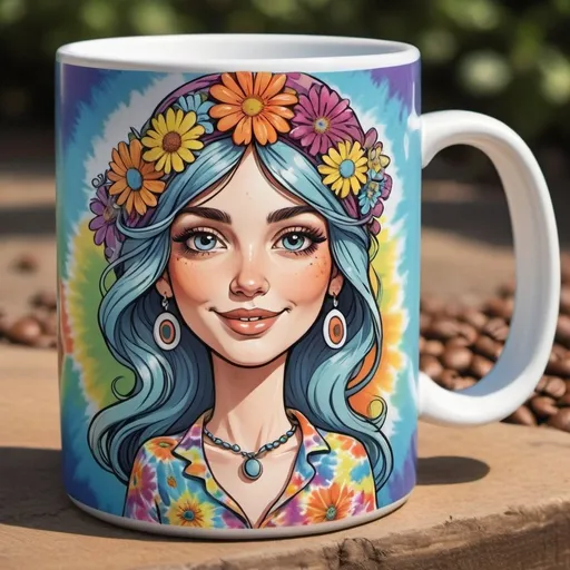 Prompt: 60's hippie cartoon character representing KARMA CAFE brand, retro art style, vibrant and colorful palette, peaceful and fun-loving expression, tie-dye clothing, flowing hair with headband, vintage coffee mug in hand, flower power theme, detailed facial features, high quality, retro art style, colorful, peaceful expression, tie-dye clothing, flowing hair, vintage coffee mug, flower power, detailed facial features