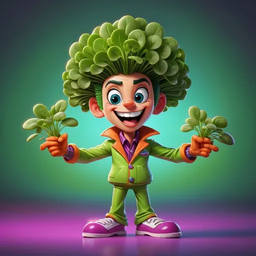 Prompt: a cartoon character for a microgreens company. retro disco funky sprout character
