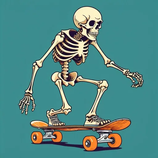 Prompt: old school retro skeleton skateboarding

