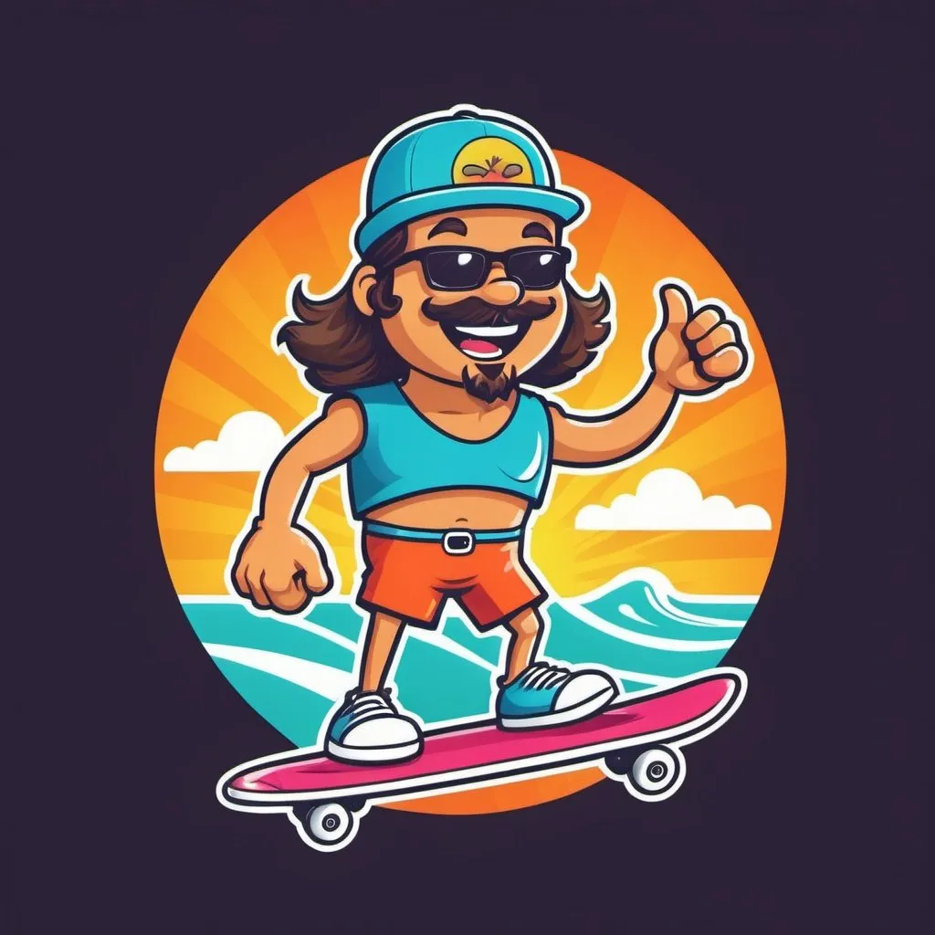 Prompt: create a logo character for a health shop. a fun retro 80's/90's cartoon that is fun and happy. think of a surfer or skateboarder hippie