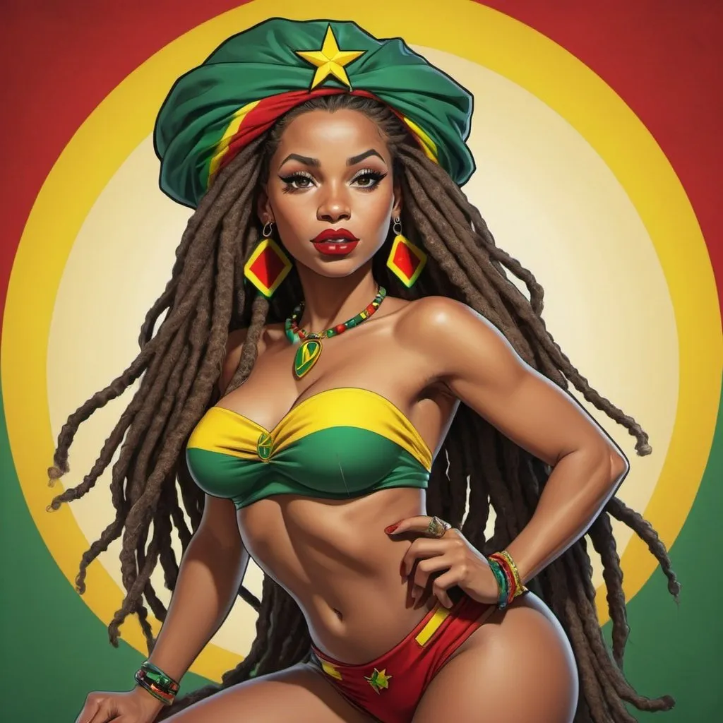 Prompt: a Rastafarian pin-up girl art cartoon superhero