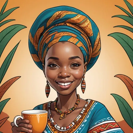 Prompt: Cartoon character for a craft tea company, South African inspired, detailed facial features, vibrant and lively animation, high quality, hand-drawn, colorful, traditional attire, warm and earthy tones, natural elements, energetic and friendly expression, authentic African patterns, artistic shading, professional, detailed design, dynamic pose, lively animation, tea-themed accessories, cheerful and inviting atmosphere, 4k, hand-drawn, vibrant colors, South African-inspired, detailed facial features, traditional attire, friendly expression